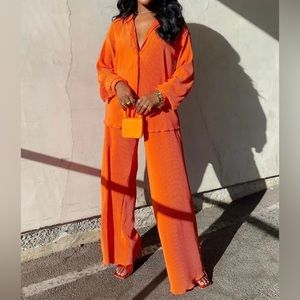 Set Long Sleeve Shirt Tops and Wide Leg Pants Elegant Two Piece Set.